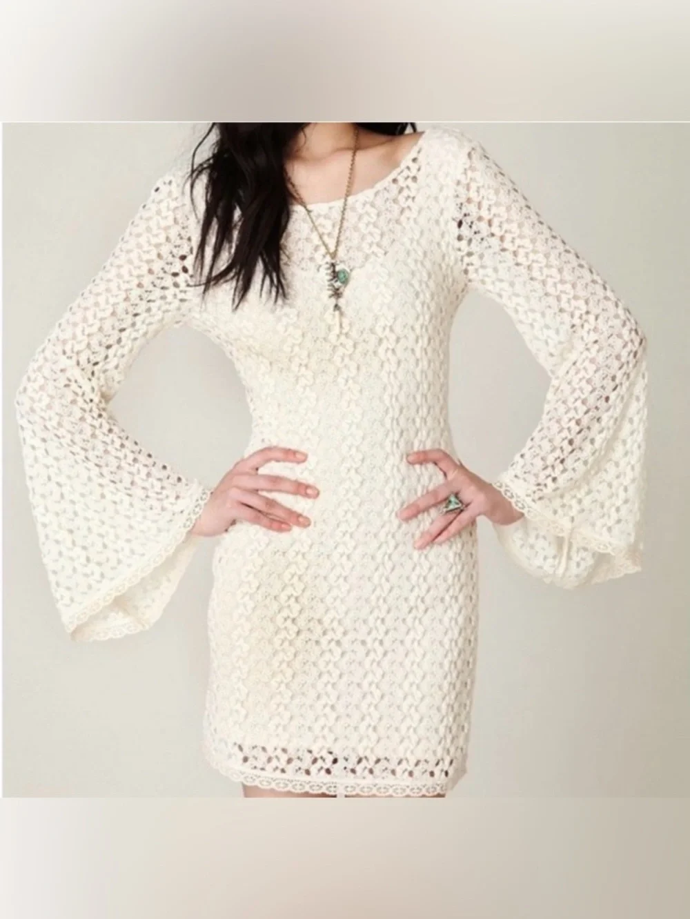 Free People Ivory Lace Crochet Gypsy Mini Dress XS New With Tags - Picture 10 of 10